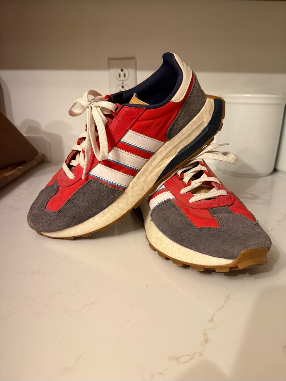 adidas Red, Gray & White Retro Runner Sneakers